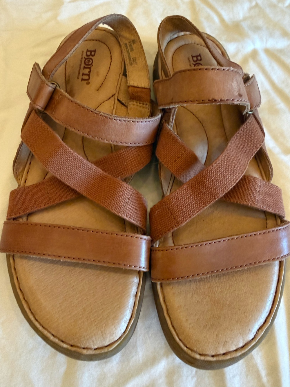 Born Brown Leather & Canvas Cross-Strap Sandals
